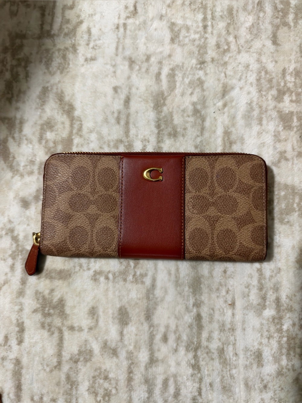 Coach Signature Zip Wallet in Brown with Red Center Panel